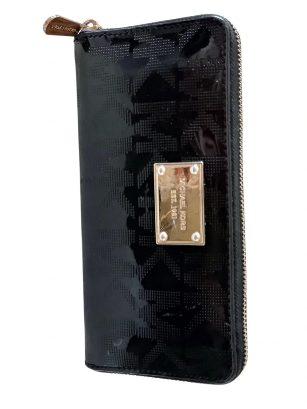 Michael Kors Black Patent Embossed Logo Zip Around Accordion Wallet Gold Tone